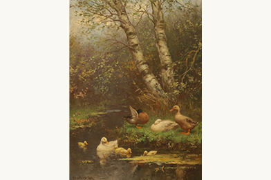 Constant David Ludovic Artz – Duck Family by Birch Tree
